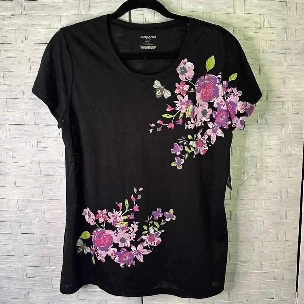 ESPERANZA‎ Womens T-shirt with flowers & bees sheer Summer